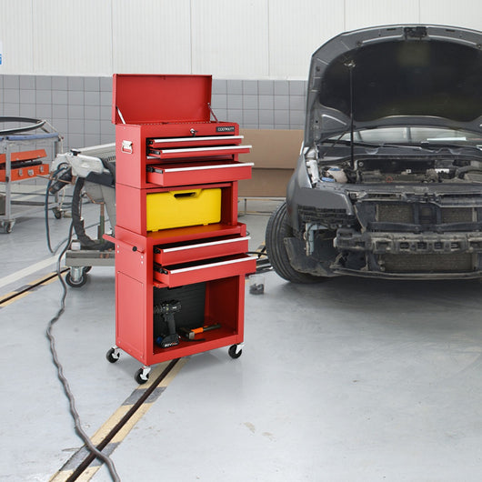 Armadio per attrezzi con serratura manico 6 cassetti portata 90kg, Carrello porta attrezzi per garage Rosso-Deposito utensili Tool