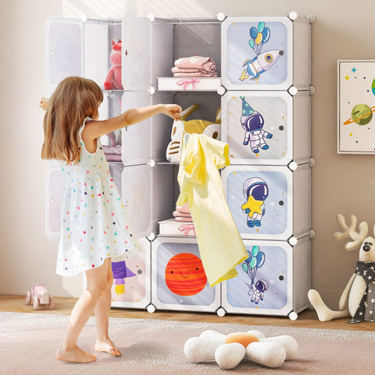 Armadio a 12 cubi per bambini con 2 barre appendiabiti motivi adorabili, Armadio per cameretta 109x37x145cm Bianco-Armadi Appendiabiti