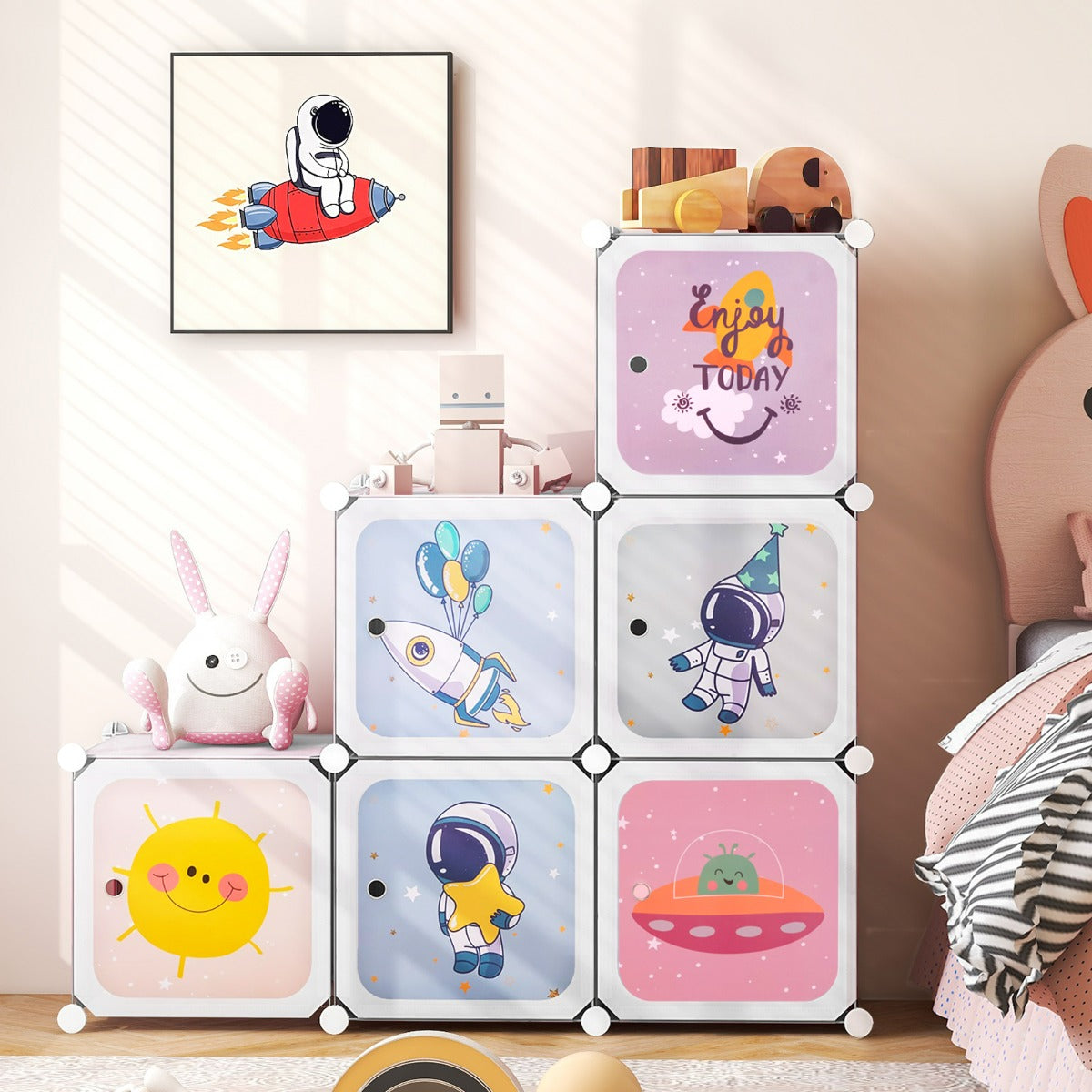 Armadio per bambini a 8 cubi con ante e sezione appendiabiti-Scaffale modulare carino per sala giochi e camera da letto Bianco