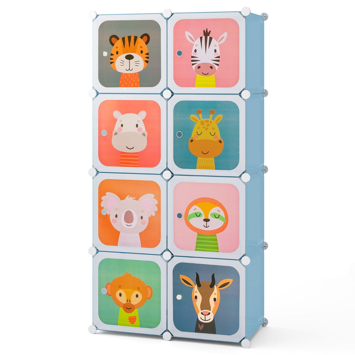 Armadio per bambini portatile 8 cubi con barra appendiabiti, Armadio bambini mobile motivi adorabili per cameretta Blu-Armadi Appendiabiti