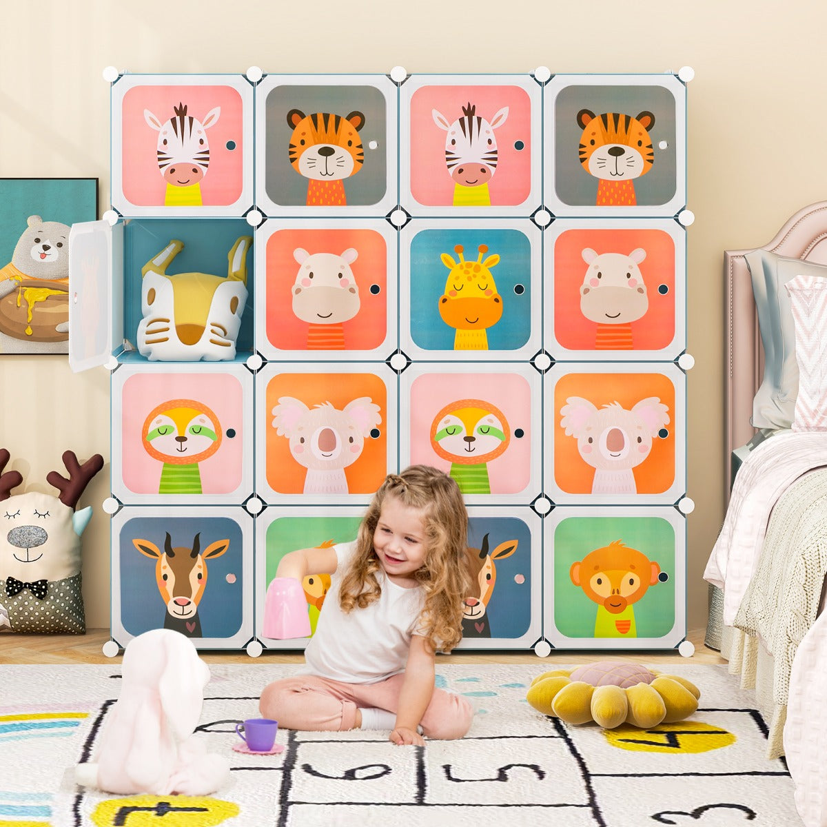 Armadio per bambini portatile 8 cubi con barra appendiabiti, Armadio bambini mobile motivi adorabili per cameretta Blu-Armadi Appendiabiti