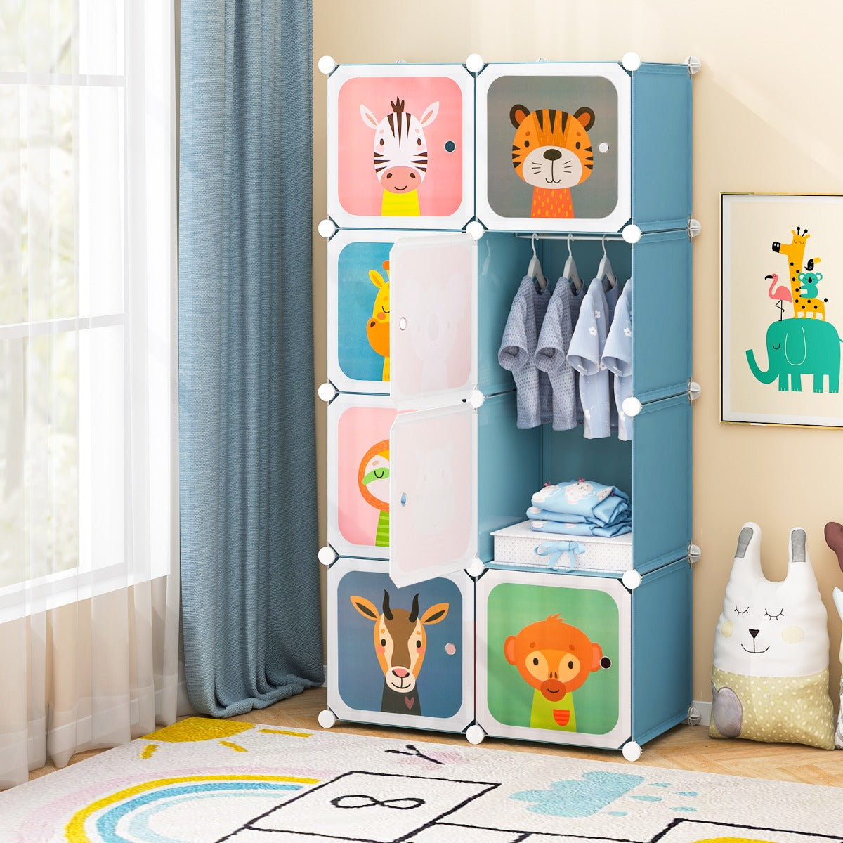 Armadio per bambini portatile 8 cubi con barra appendiabiti, Armadio bambini mobile motivi adorabili per cameretta Blu-Armadi Appendiabiti