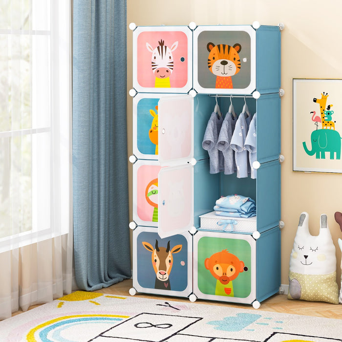 Armadio per bambini portatile 8 cubi con barra appendiabiti, Armadio bambini mobile motivi adorabili per cameretta Blu-Armadi Appendiabiti