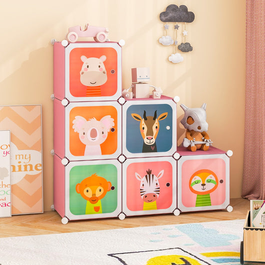 Armadio per bambini portatile 8 cubi con barra appendiabiti, Armadio bambini mobile motivi adorabili per cameretta Rosa-Armadi Appendiabiti