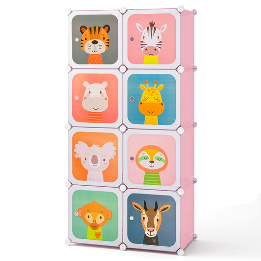 Armadio per bambini portatile 8 cubi con barra appendiabiti, Armadio bambini mobile motivi adorabili per cameretta Rosa-Armadi Appendiabiti