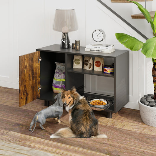 Armadio per la conservazione del cibo per cani, Stazione di alimentazione regolabile in altezza con 2 ciotole Marrone-Giochi e accessori per cani