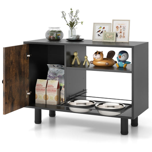 Armadio per la conservazione del cibo per cani, Stazione di alimentazione regolabile in altezza con 2 ciotole Marrone-Giochi e accessori per cani