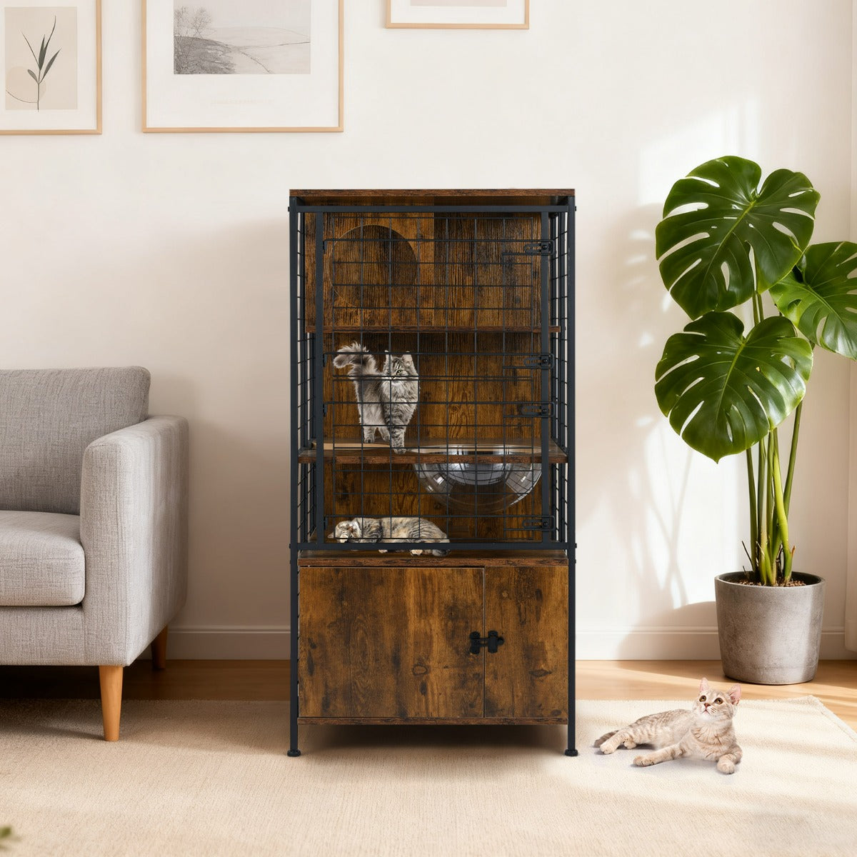 Armadio in legno per gatti con porta a rete bloccabile antiurto, Gabbia a pi¨´ livelli con struttura metallica-Gatti