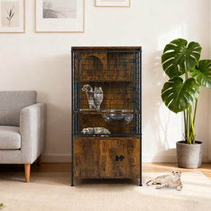 Armadio in legno per gatti con porta a rete bloccabile antiurto, Gabbia a pi¨´ livelli con struttura metallica-Gatti