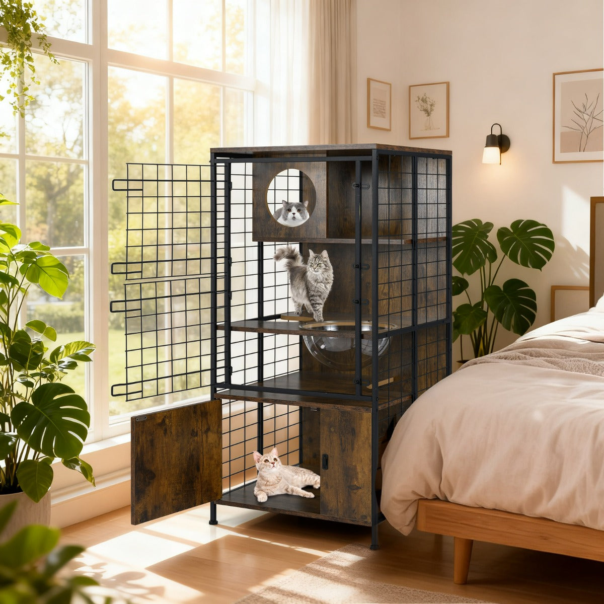 Armadio in legno per gatti con porta a rete bloccabile antiurto, Gabbia a pi¨´ livelli con struttura metallica-Gatti
