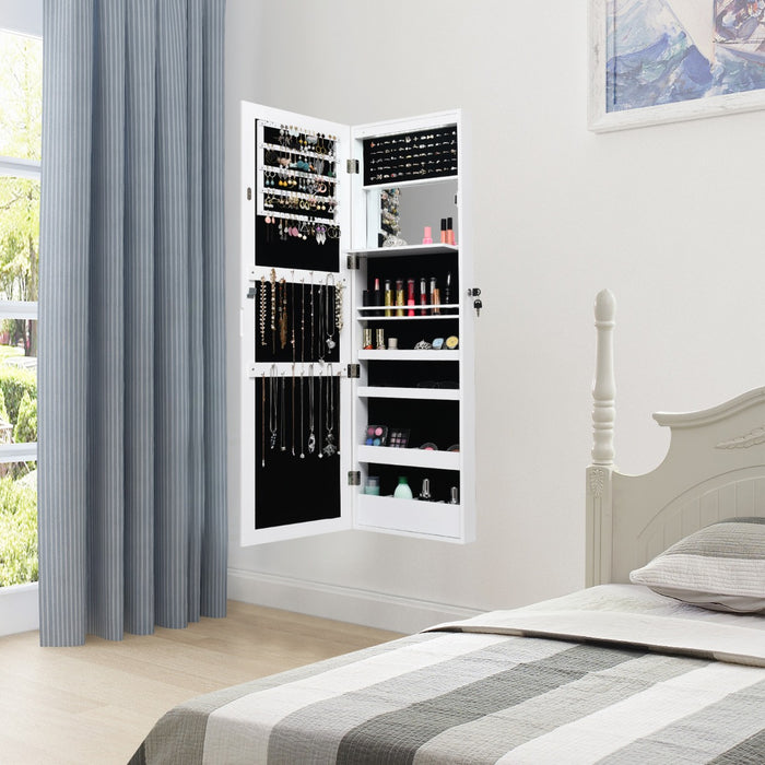 Armadio per gioielli con specchio LED 119cm di altezza, Armadio per gioielli montabile a parete o porta Bianco-Armadietti per gioielli