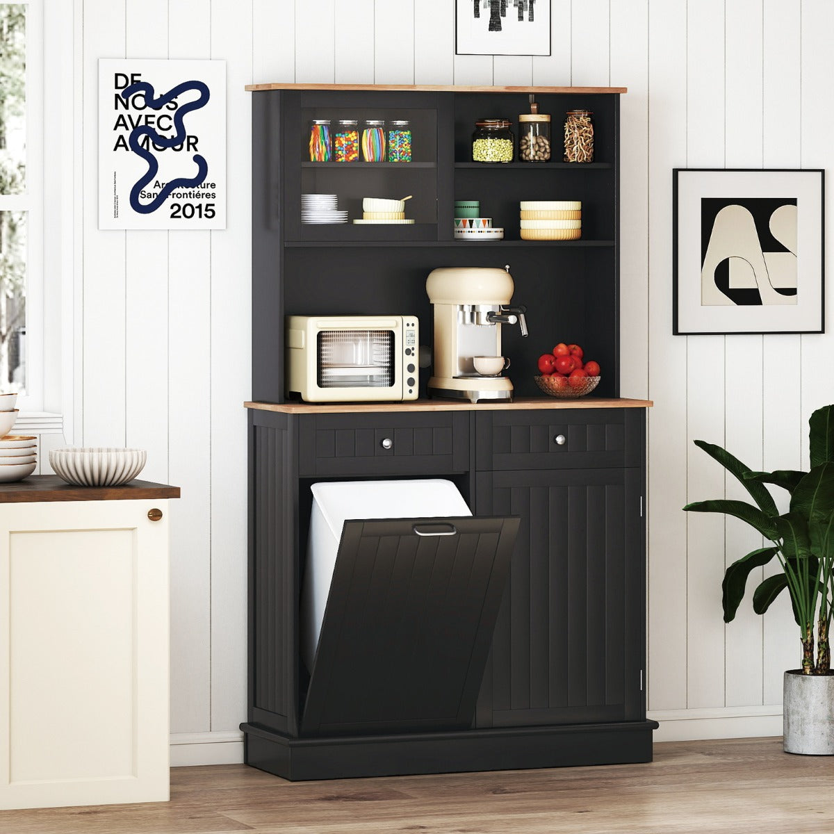 Armadio per rifiuti inclinato alto da cucina con pattumiera, Armadio per rifiuti doppio inclinazione piano gomma Nero-Organizzazione della cucina