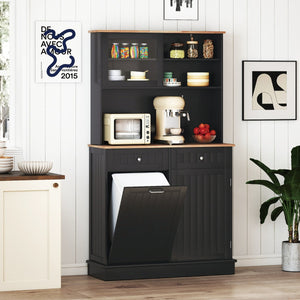 Armadio per rifiuti inclinato alto da cucina con pattumiera, Armadio per rifiuti doppio inclinazione piano gomma Nero-Organizzazione della cucina