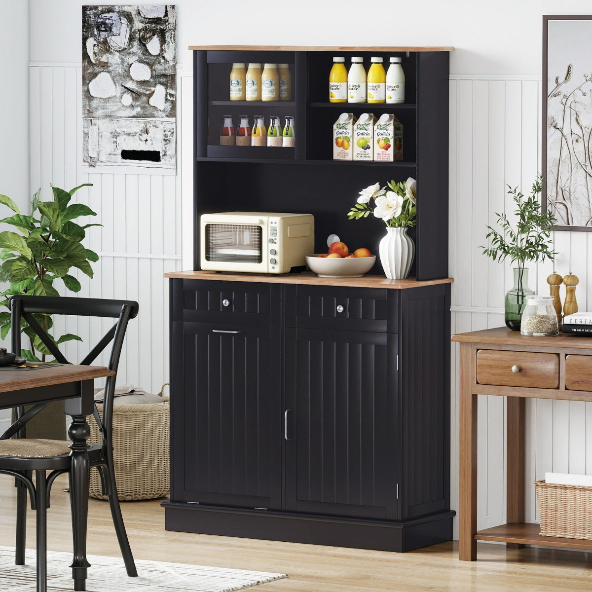 Armadio per rifiuti inclinato alto da cucina con pattumiera, Armadio per rifiuti doppio inclinazione piano gomma Nero-Organizzazione della cucina