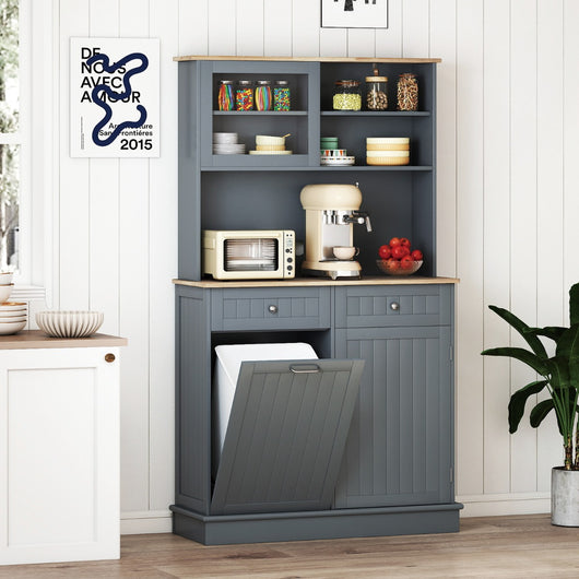 Armadio per rifiuti inclinato alto da cucina con pattumiera, Armadio per rifiuti doppio inclinazione piano gomma Grigio-Organizzazione della cucina