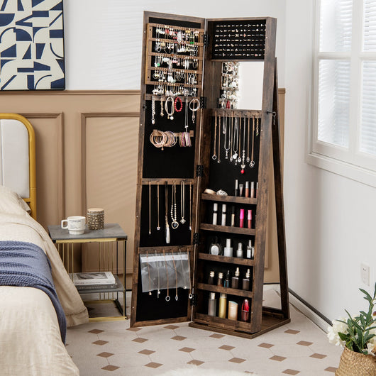 Armadio portagioie 2 in 1 con 30 ganci per collane, Armadio porta gioielli con specchio interno Marrone-Armadietti per gioielli