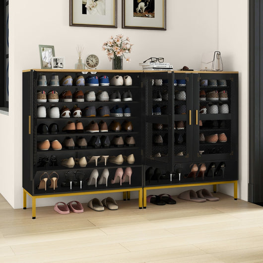 Armadio porta scarpe in legno con ripiani regolabili e gambe in metallo, Armadio porta scarpe a 7 livelli con porte in rete Nero-Scarpiere