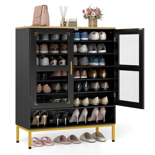 Armadio porta scarpe in legno con ripiani regolabili e gambe in metallo, Armadio porta scarpe a 7 livelli con porte in rete Nero-Scarpiere