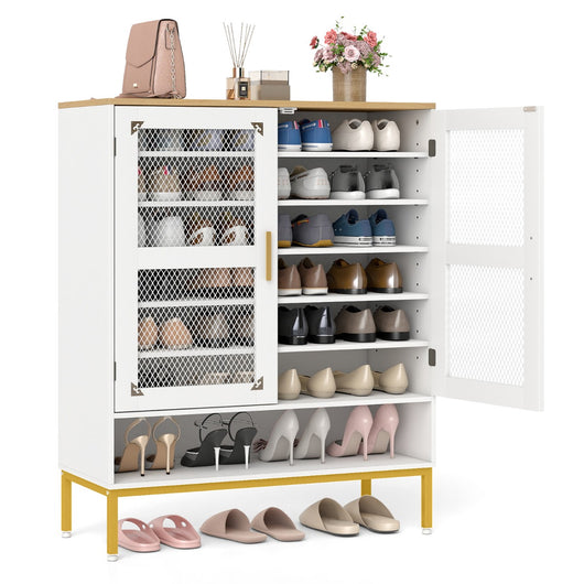 Armadio porta scarpe in legno con ripiani regolabili e gambe in metallo, Armadio porta scarpe a 7 livelli con porte in rete Bianco-Scarpiere