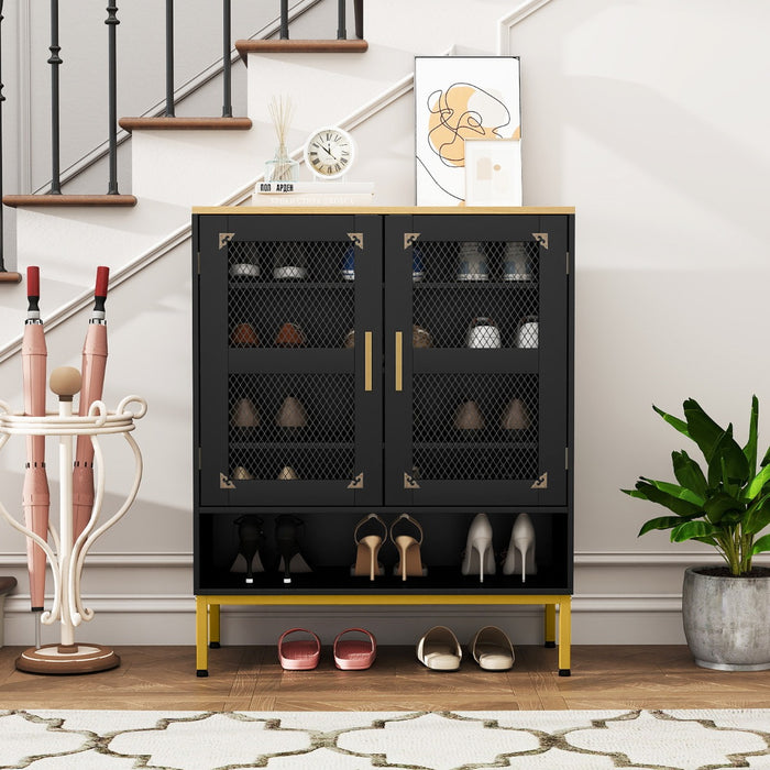 Armadio porta scarpe in legno con mensole regolabili e gambe metallo, Armadio porta scarpe a 5 ripiani con ante rete Nero-Scarpiere
