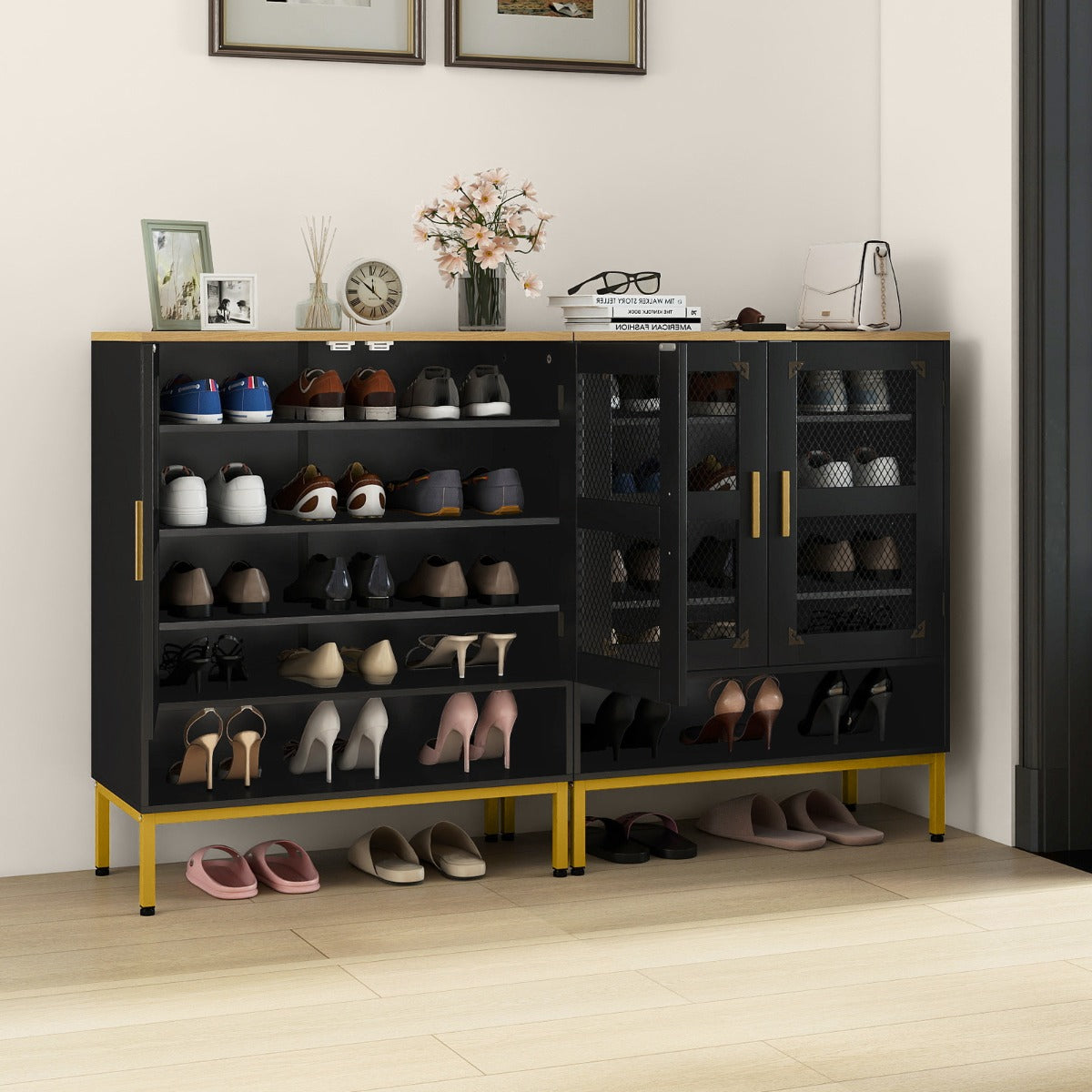 Armadio porta scarpe in legno con mensole regolabili e gambe metallo, Armadio porta scarpe a 5 ripiani con ante rete Nero-Scarpiere