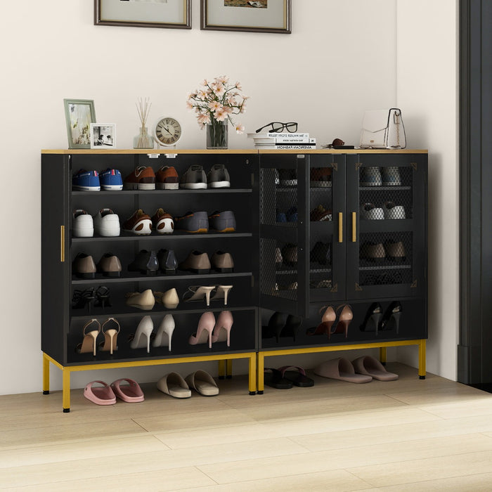 Armadio porta scarpe in legno con mensole regolabili e gambe metallo, Armadio porta scarpe a 5 ripiani con ante rete Nero-Scarpiere