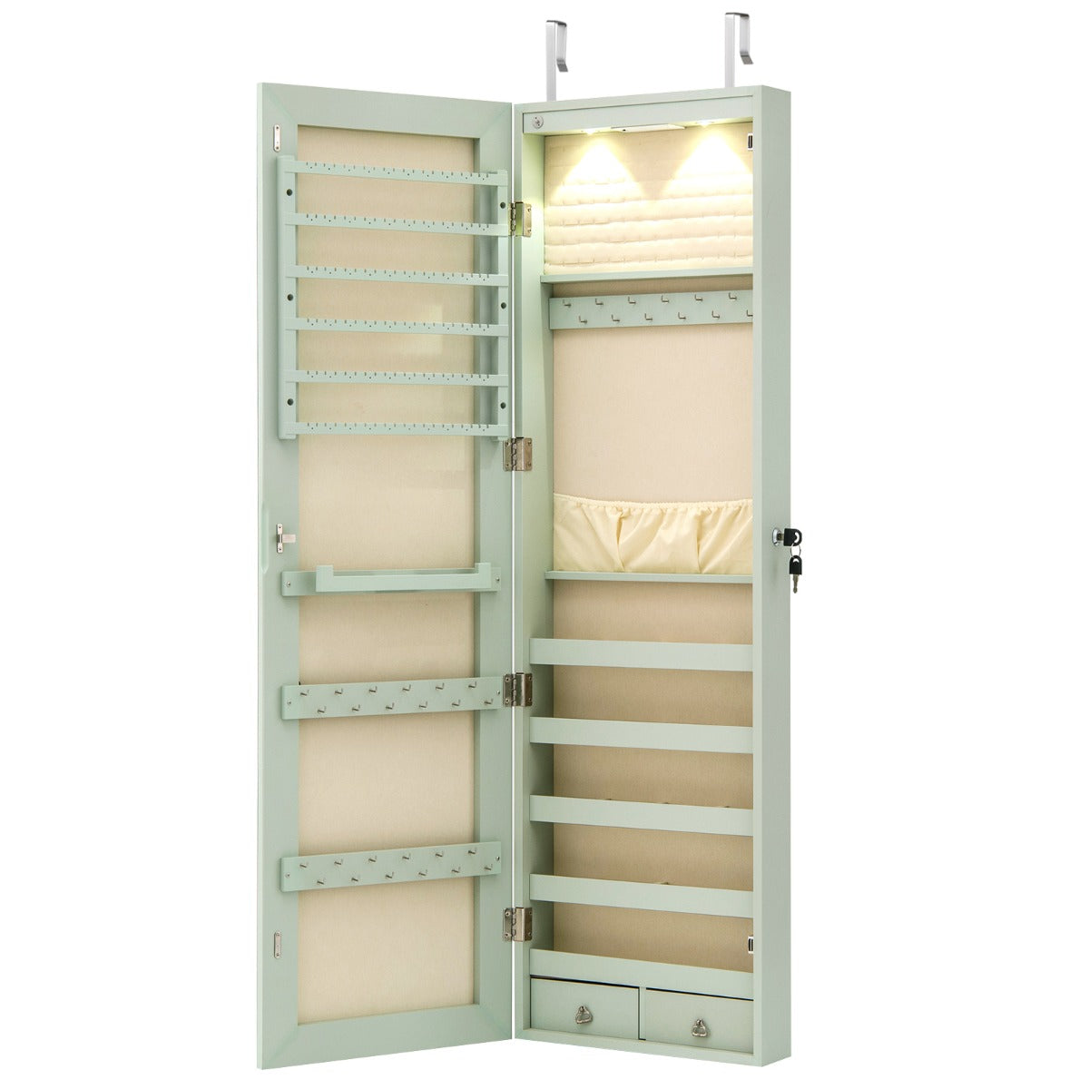 Armadio portagioie con specchio in legno a parete con LED interno 35,5x10x120cm Verde chiaro-Armadietti per gioielli