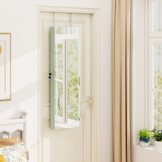 Armadio portagioie con specchio in legno a parete con LED interno 35,5x10x120cm Verde chiaro-Armadietti per gioielli