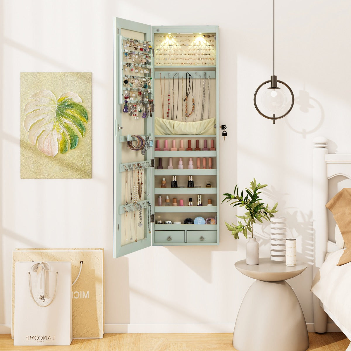 Armadio portagioie con specchio in legno a parete con LED interno 35,5x10x120cm Verde chiaro-Armadietti per gioielli