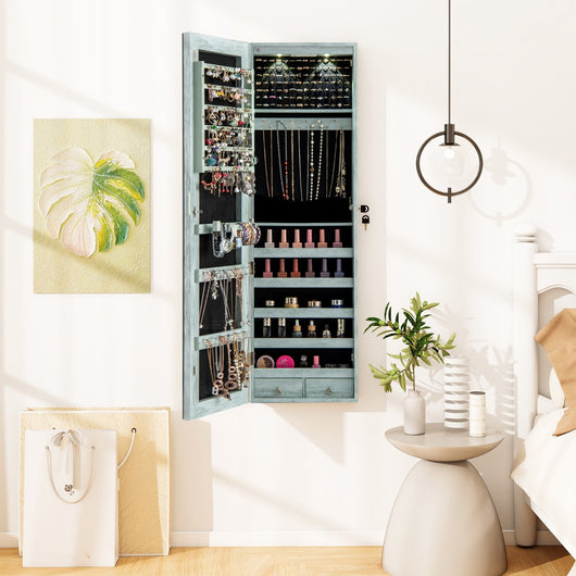 Armadio portagioie con specchio in legno a parete con LED interno 35,5x10x120cm Blu chiaro-Armadietti per gioielli