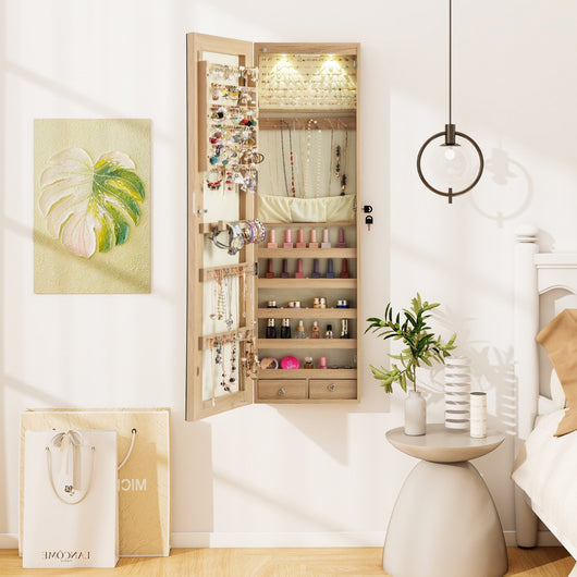 Armadio portagioie con specchio in legno a parete con LED interno 35,5x10x120cm Naturale-Armadietti per gioielli