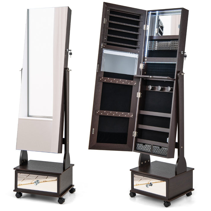 Armadio portagioie con ruote luci LED specchietto trucco ripiano pieghevole, Armadietto portagioie alto 159cm Marrone-Armadietti per gioielli