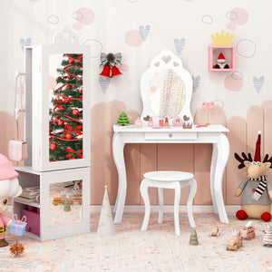 Armadio portagioie per bambini con specchio a figura intera e appendiabiti, Armadio porta abiti 3 in 1 per ragazze Bianco-Armadietti per gioielli