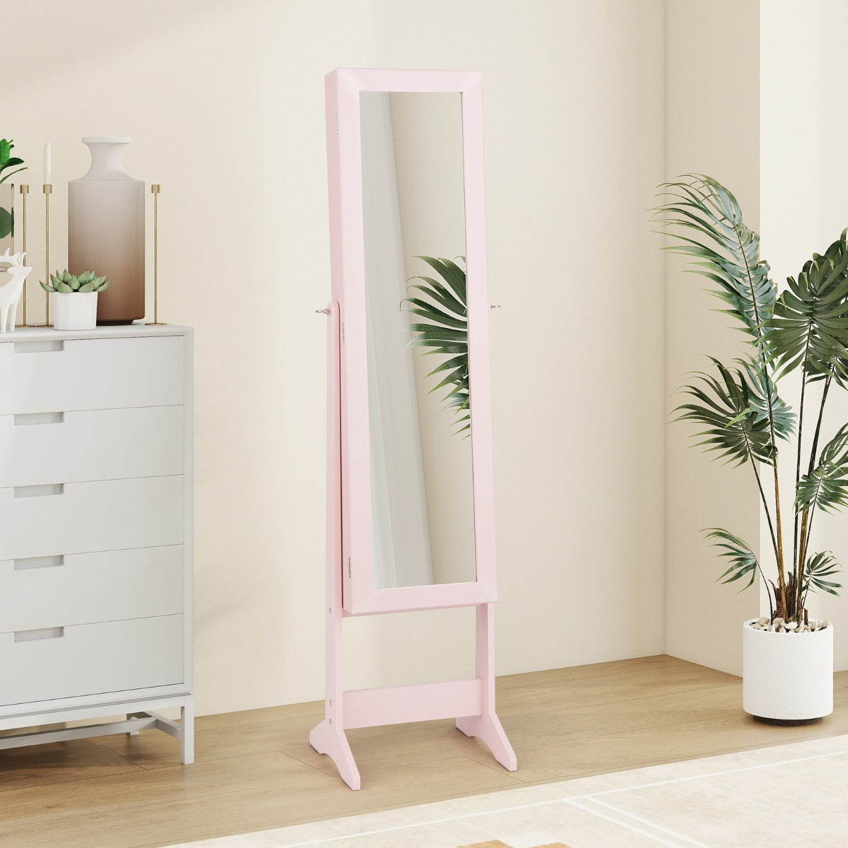 Armadio portagioie regolabile in inclinazione con specchio a figura intera, Armadietto con specchio Rosa-Armadietti per gioielli