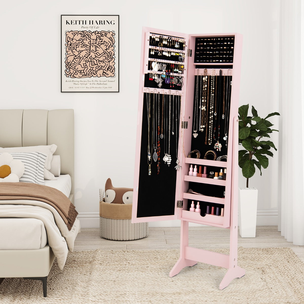 Armadio portagioie regolabile in inclinazione con specchio a figura intera, Armadietto con specchio Rosa-Armadietti per gioielli