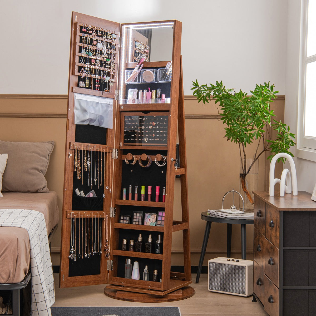 Armadio portagioielli girevole con specchio a figura intera luci LED, Organizer da terra di gioielli Marrone-Armadietti per gioielli