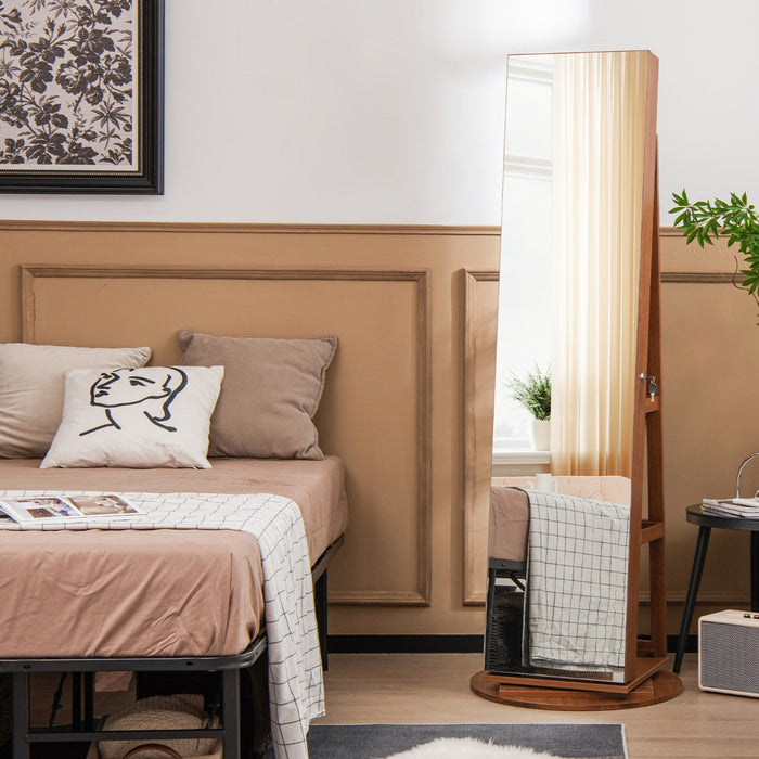 Armadio portagioielli girevole con specchio a figura intera luci LED, Organizer da terra di gioielli Marrone-Armadietti per gioielli