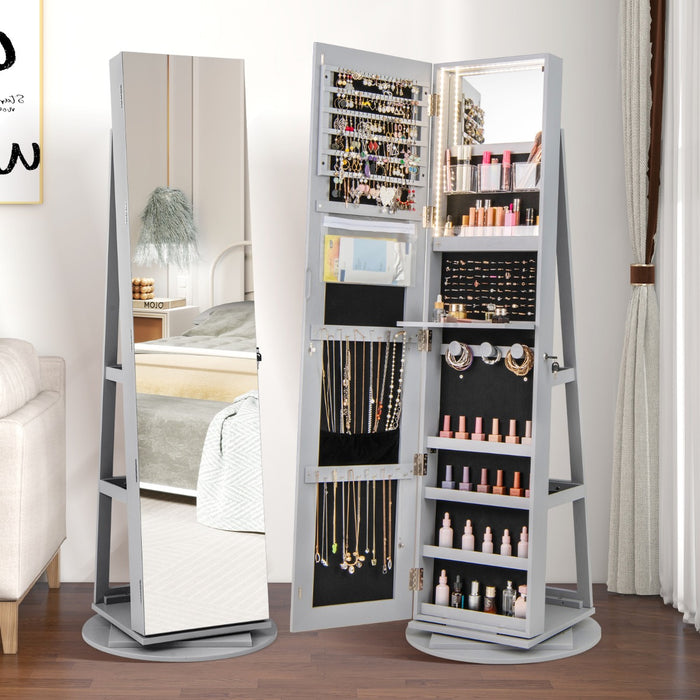 Armadio portagioielli girevole con specchio a figura intera luci LED, Organizer da terra di gioielli Grigio-Armadietti per gioielli