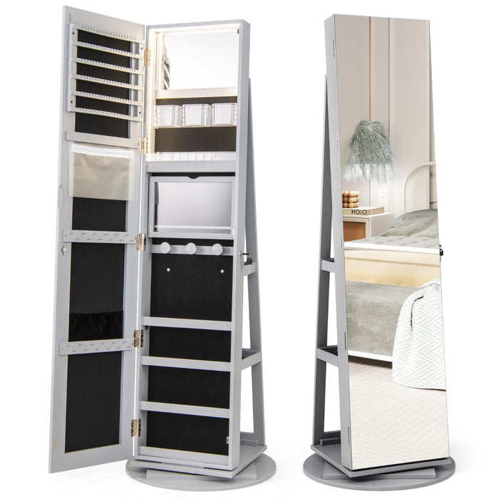 Armadio portagioielli girevole con specchio a figura intera luci LED, Organizer da terra di gioielli Grigio-Armadietti per gioielli