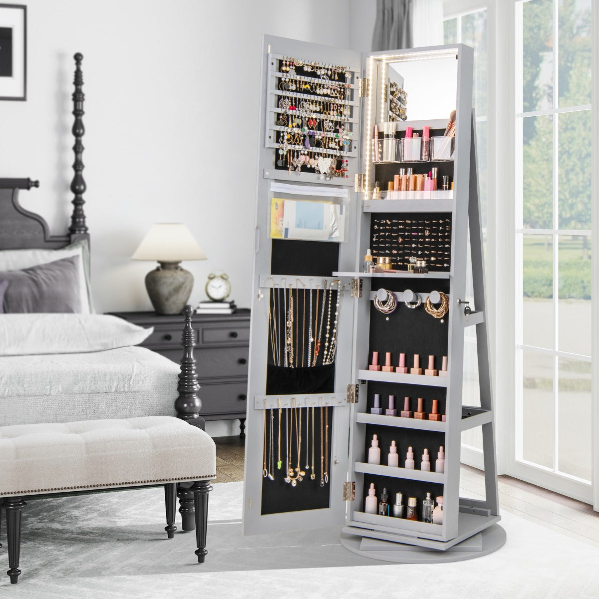 Armadio portagioielli girevole con specchio a figura intera luci LED, Organizer da terra di gioielli Grigio-Armadietti per gioielli