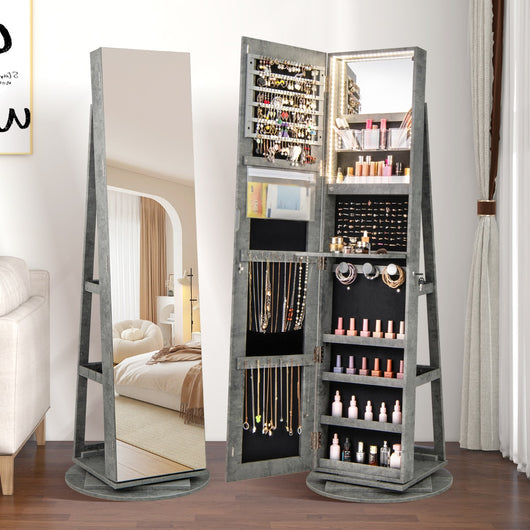 Armadio portagioielli girevole con specchio a figura intera luci LED, Organizer da terra di gioielli Verde-Armadietti per gioielli