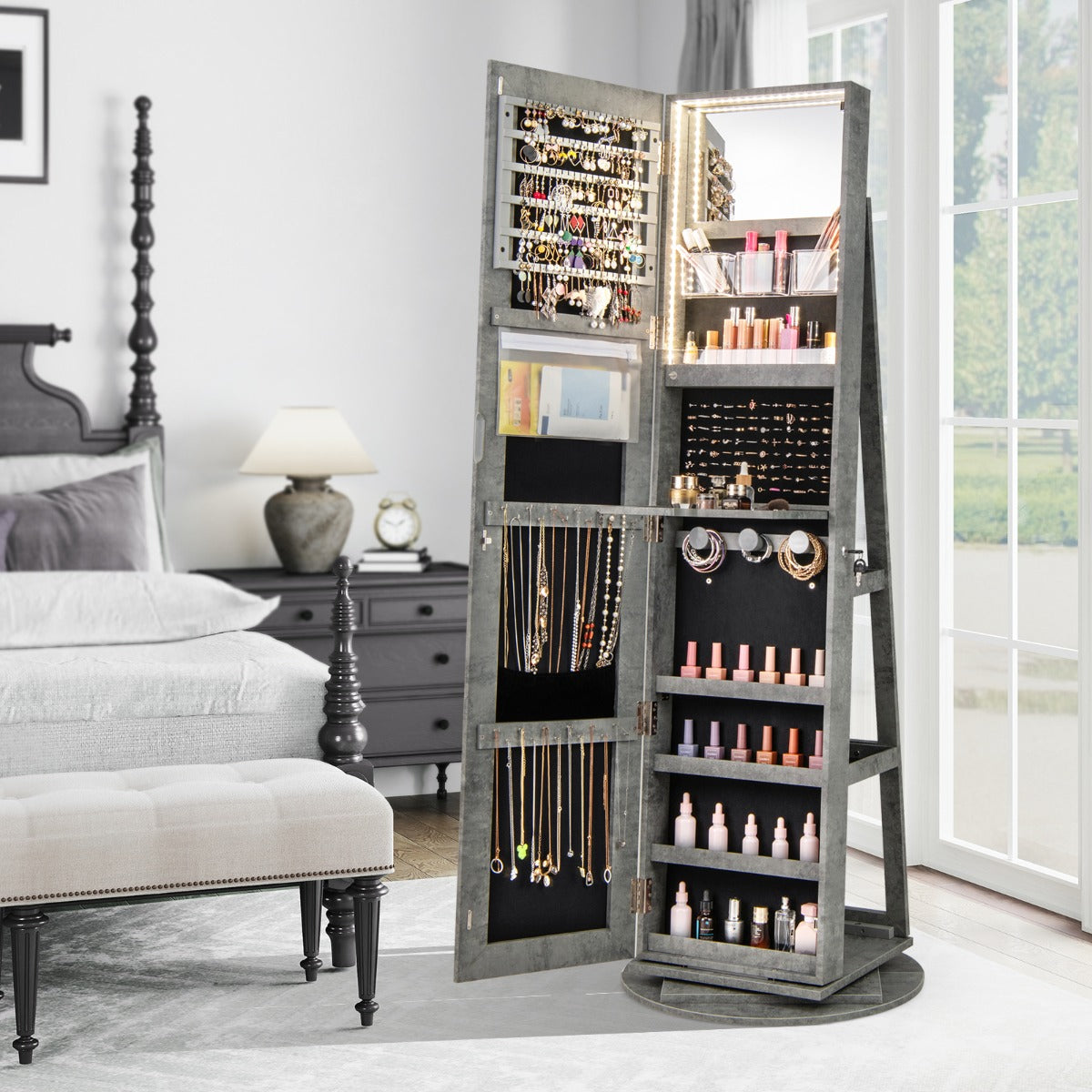 Armadio portagioielli girevole con specchio a figura intera luci LED, Organizer da terra di gioielli Verde-Armadietti per gioielli