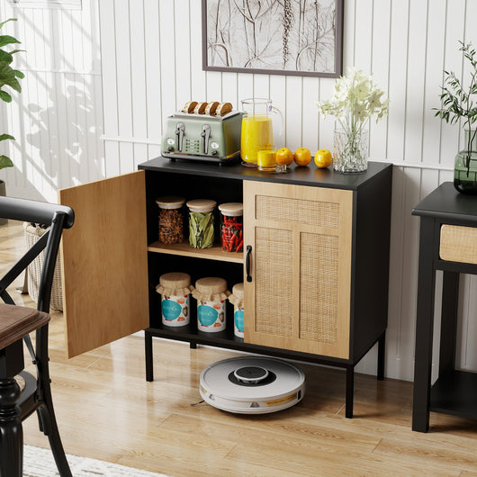 Armadietto boho con motivo asimmetrico con ripiano regolabile a 3 posizioni, Armadio portaoggetti in rattan per cucina Nero-Credenze buffet