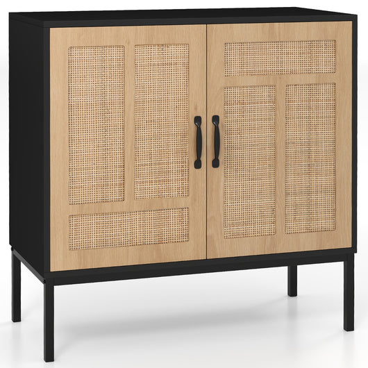 Armadietto boho con motivo asimmetrico con ripiano regolabile a 3 posizioni, Armadio portaoggetti in rattan per cucina Nero-Credenze buffet