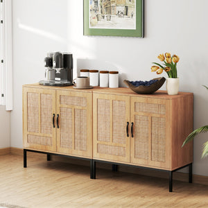 Armadietto boho con motivo asimmetrico con ripiano regolabile a 3 posizioni, Armadio portaoggetti in rattan per cucina Naturale-Credenze buffet