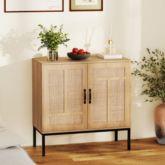 Armadietto boho con motivo asimmetrico con ripiano regolabile a 3 posizioni, Armadio portaoggetti in rattan per cucina Naturale-Credenze buffet