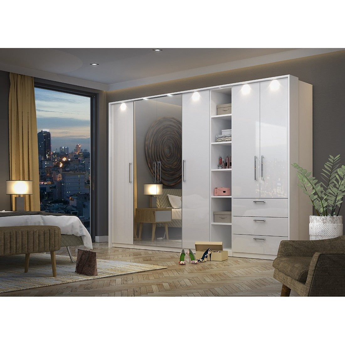 Armadio a 1 anta per cabina armadio collezione MODULO colore bianco con LED inclusi.