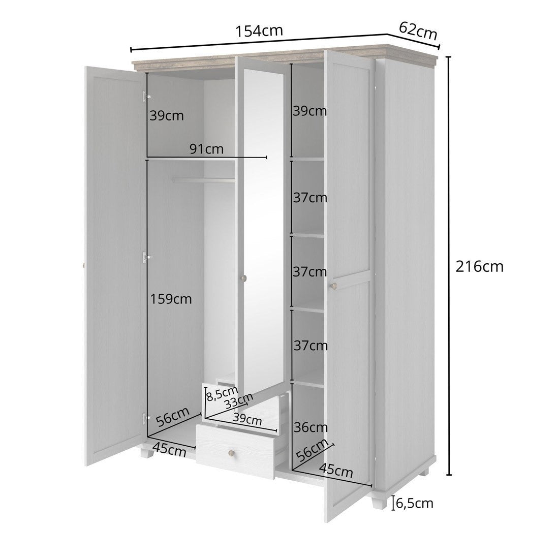 Armadio 150x220 con 3 ante e 2 cassetti. Colori bianco e rovere. Collezione ASSIA.