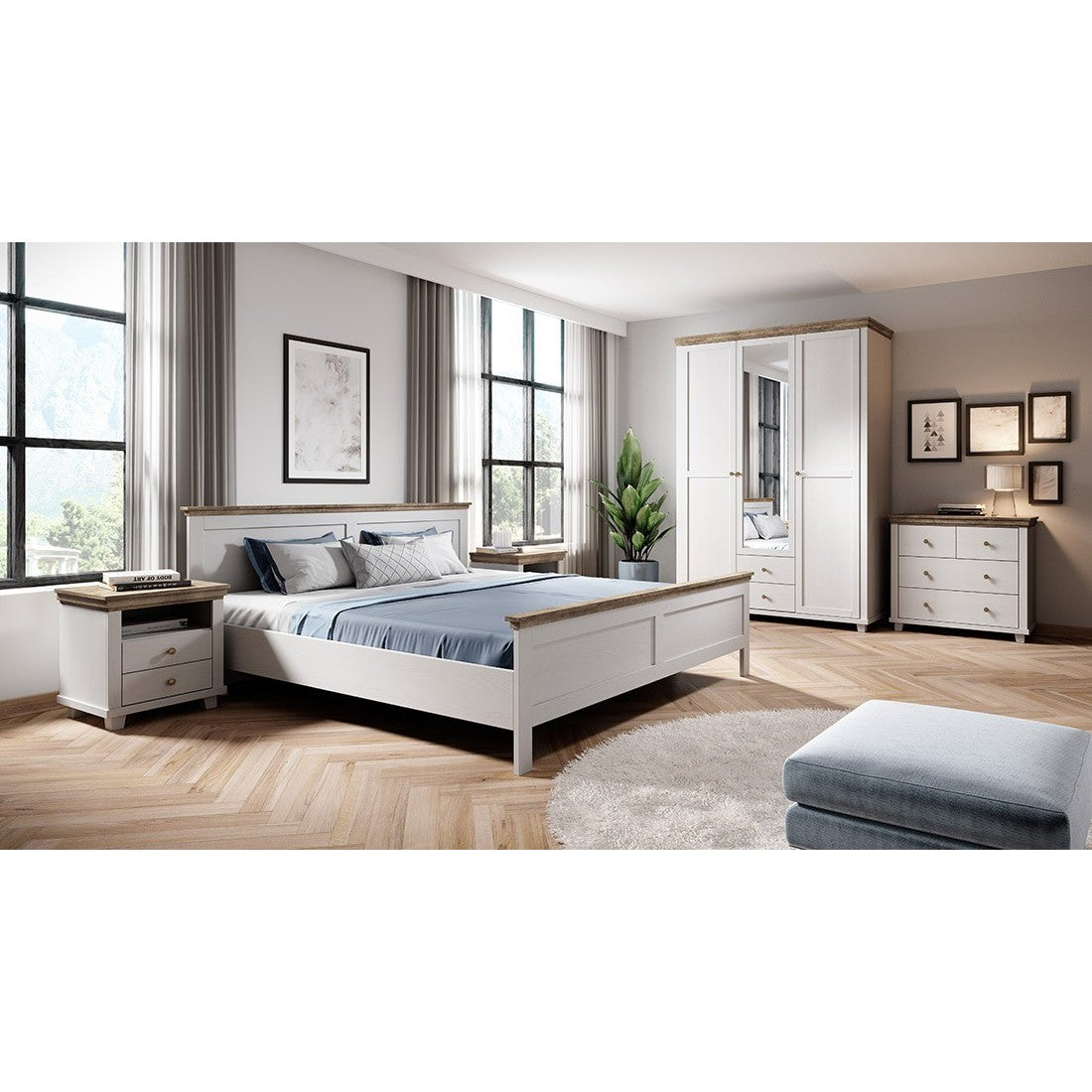 Armadio 150x220 con 3 ante e 2 cassetti. Colori bianco e rovere. Collezione ASSIA.