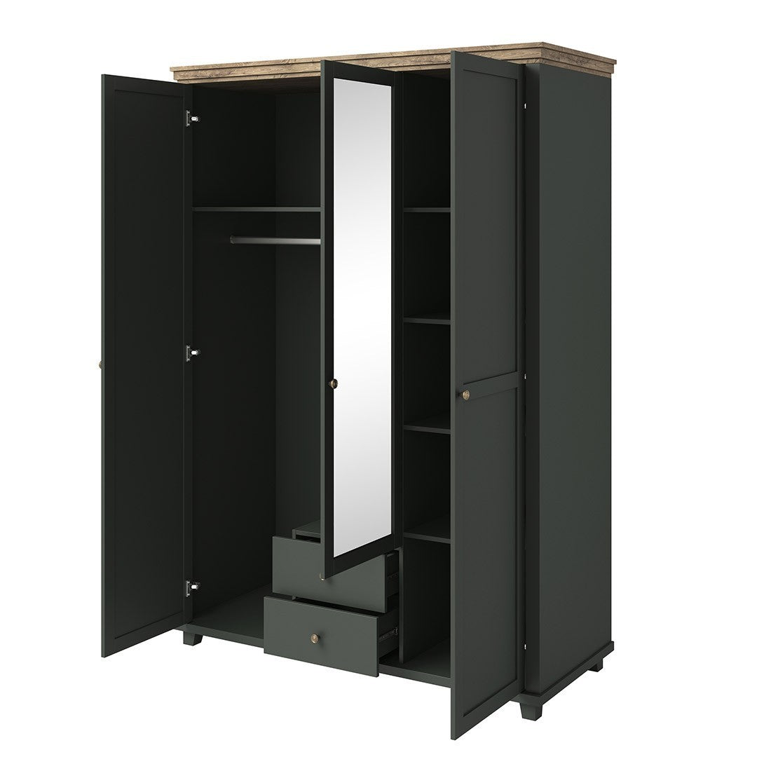 Armadio 150x220 con 3 porte e 2 cassetti. Colore verde kaki e rovere. Collezione ASSIA.